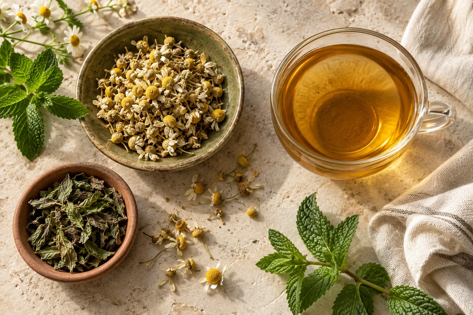 Infusión con flores de manzanilla y hojas de menta